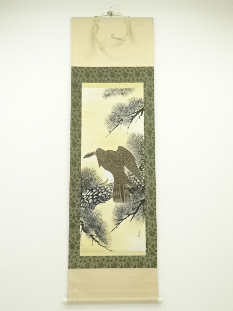JAPANESE HANGING SCROLL / HAND PAINTED / HAWK & PINE TREE